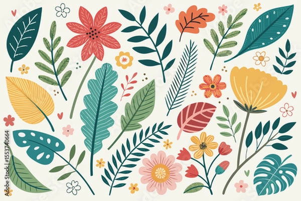 Fototapeta 
Abstract botanical collage with colorful hand-drawn flowers and leaves seamless vector floral pattern in modern minimalist style, Vector modern graphic illustration of colorful flowers and leaves

