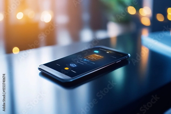 Fototapeta Close-up of a smartphone displaying a digital wallet app, placed on a sleek black table