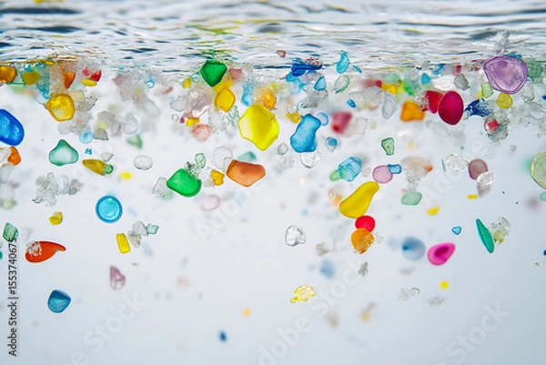 Fototapeta Close-up of colorful microplastic particles scattered on a white surface