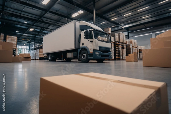 Fototapeta A truck unloads boxes in a warehouse, demonstrating logistics and transportation operations