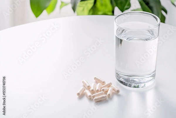 Fototapeta Handful of probiotic capsules on a white table next to a glass of water, health and wellness concept