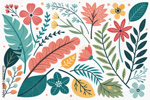 Fototapeta 
Abstract botanical collage with colorful hand-drawn flowers and leaves seamless vector floral pattern in modern minimalist style, Vector modern graphic illustration of colorful flowers and leaves

