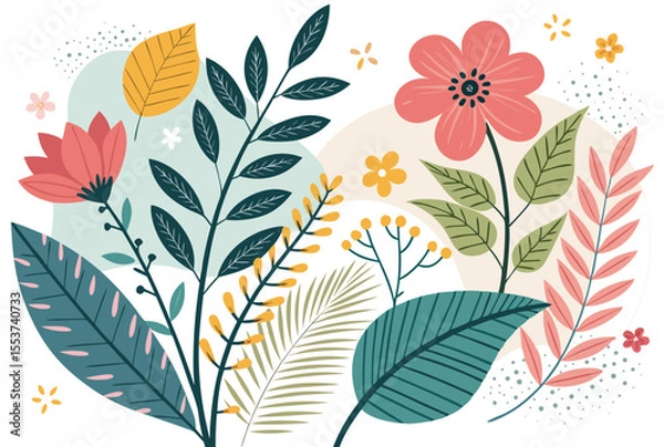 Fototapeta 
Abstract botanical collage with colorful hand-drawn flowers and leaves seamless vector floral pattern in modern minimalist style, Vector modern graphic illustration of colorful flowers and leaves

