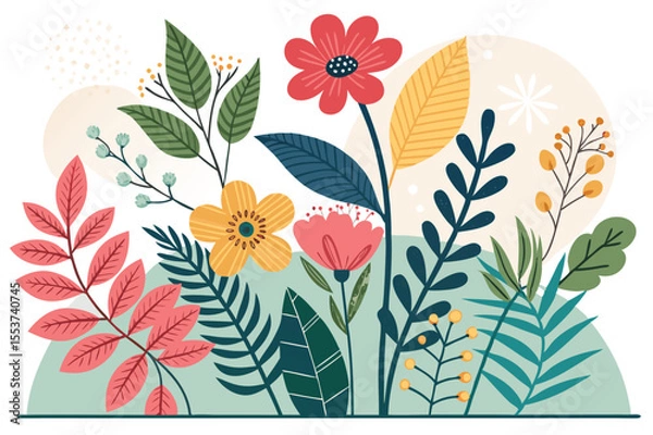 Fototapeta 
Abstract botanical collage with colorful hand-drawn flowers and leaves seamless vector floral pattern in modern minimalist style, Vector modern graphic illustration of colorful flowers and leaves

