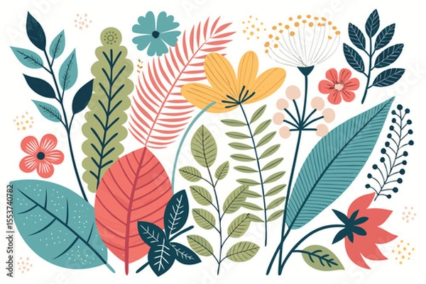 Fototapeta 
Abstract botanical collage with colorful hand-drawn flowers and leaves seamless vector floral pattern in modern minimalist style, Vector modern graphic illustration of colorful flowers and leaves

