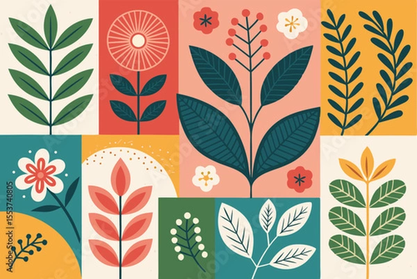 Fototapeta 
Abstract botanical collage with colorful hand-drawn flowers and leaves seamless vector floral pattern in modern minimalist style, Vector modern graphic illustration of colorful flowers and leaves


