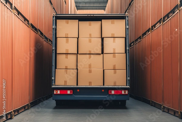 Fototapeta A truck with many boxes of merchandise, stands in front of the warehouse