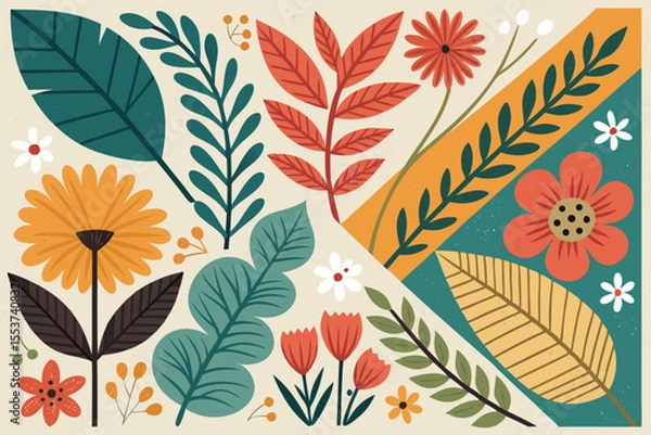 Fototapeta 
Abstract botanical collage with colorful hand-drawn flowers and leaves seamless vector floral pattern in modern minimalist style, Vector modern graphic illustration of colorful flowers and leaves

