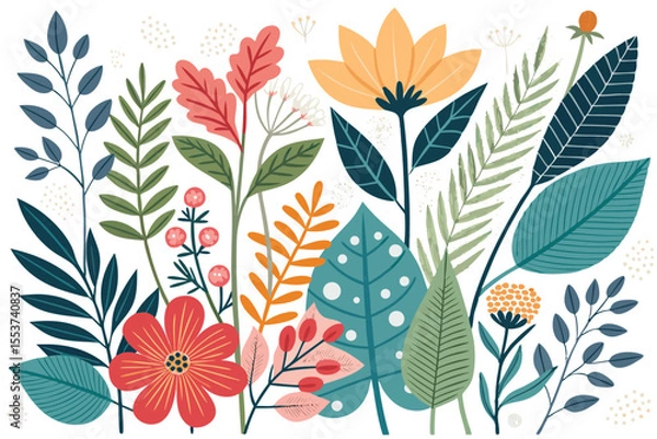 Fototapeta 
Abstract botanical collage with colorful hand-drawn flowers and leaves seamless vector floral pattern in modern minimalist style, Vector modern graphic illustration of colorful flowers and leaves

