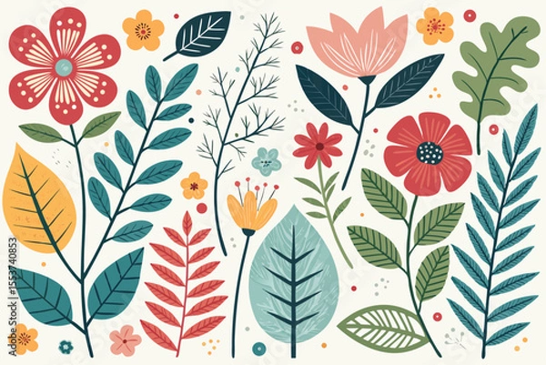 Fototapeta 
Abstract botanical collage with colorful hand-drawn flowers and leaves seamless vector floral pattern in modern minimalist style, Vector modern graphic illustration of colorful flowers and leaves

