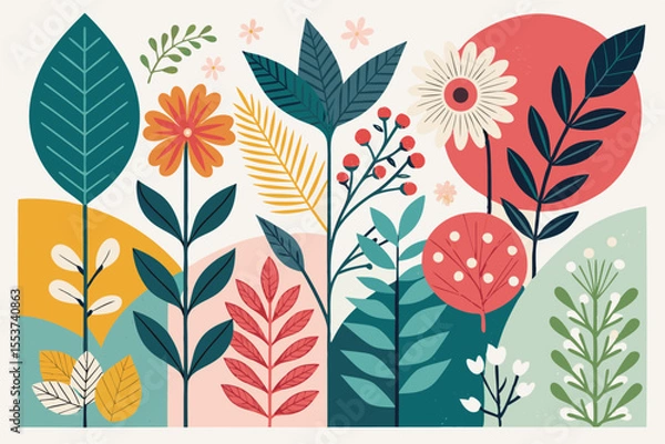 Fototapeta 
Abstract botanical collage with colorful hand-drawn flowers and leaves seamless vector floral pattern in modern minimalist style, Vector modern graphic illustration of colorful flowers and leaves


