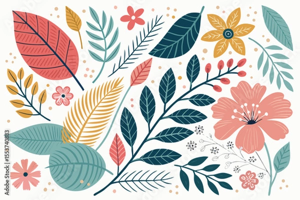 Fototapeta 
Abstract botanical collage with colorful hand-drawn flowers and leaves seamless vector floral pattern in modern minimalist style, Vector modern graphic illustration of colorful flowers and leaves

