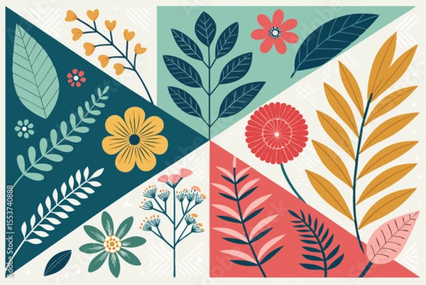 Fototapeta 
Abstract botanical collage with colorful hand-drawn flowers and leaves seamless vector floral pattern in modern minimalist style, Vector modern graphic illustration of colorful flowers and leaves

