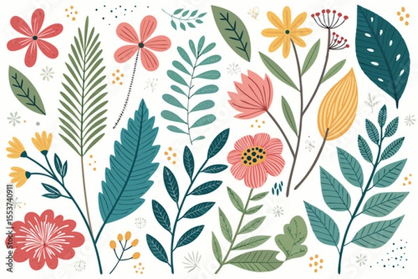 Fototapeta 
Abstract botanical collage with colorful hand-drawn flowers and leaves seamless vector floral pattern in modern minimalist style, Vector modern graphic illustration of colorful flowers and leaves

