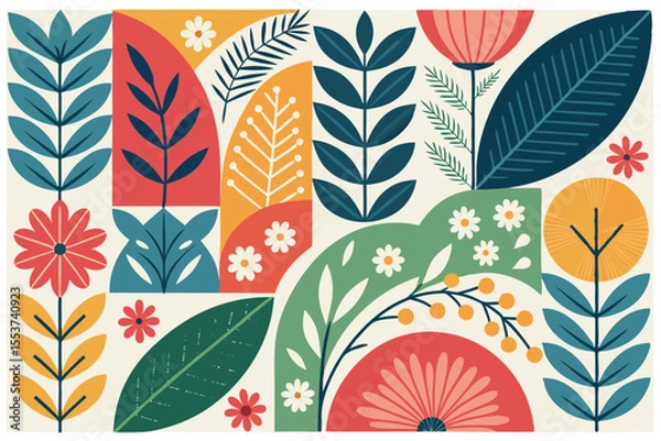 Fototapeta 
Abstract botanical collage with colorful hand-drawn flowers and leaves seamless vector floral pattern in modern minimalist style, Vector modern graphic illustration of colorful flowers and leaves

