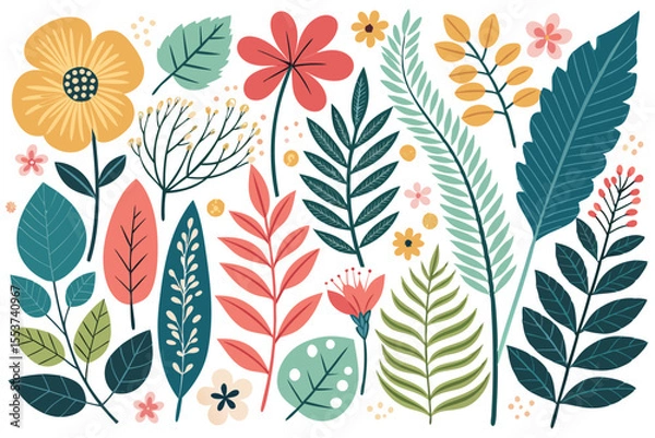 Fototapeta 
Abstract botanical collage with colorful hand-drawn flowers and leaves seamless vector floral pattern in modern minimalist style, Vector modern graphic illustration of colorful flowers and leaves

