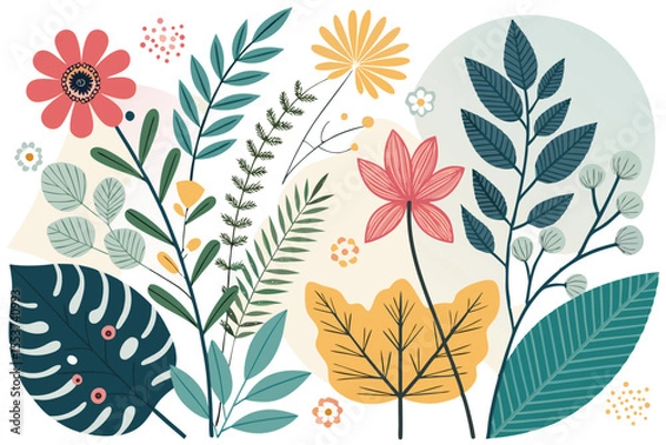 Fototapeta 
Abstract botanical collage with colorful hand-drawn flowers and leaves seamless vector floral pattern in modern minimalist style, Vector modern graphic illustration of colorful flowers and leaves

