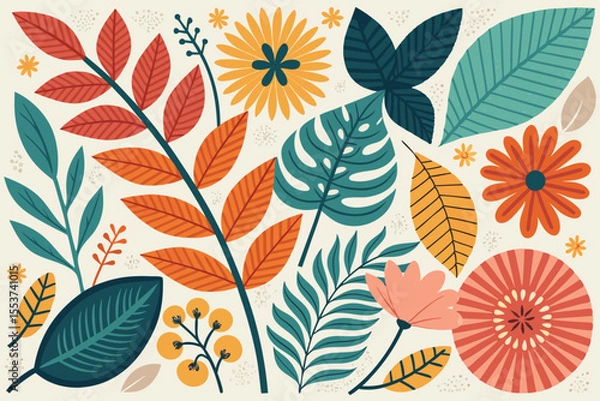 Fototapeta 
Abstract botanical collage with colorful hand-drawn flowers and leaves seamless vector floral pattern in modern minimalist style, Vector modern graphic illustration of colorful flowers and leaves

