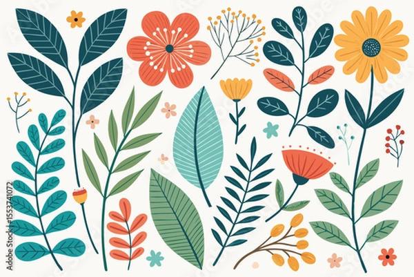 Fototapeta 
Abstract botanical collage with colorful hand-drawn flowers and leaves seamless vector floral pattern in modern minimalist style, Vector modern graphic illustration of colorful flowers and leaves

