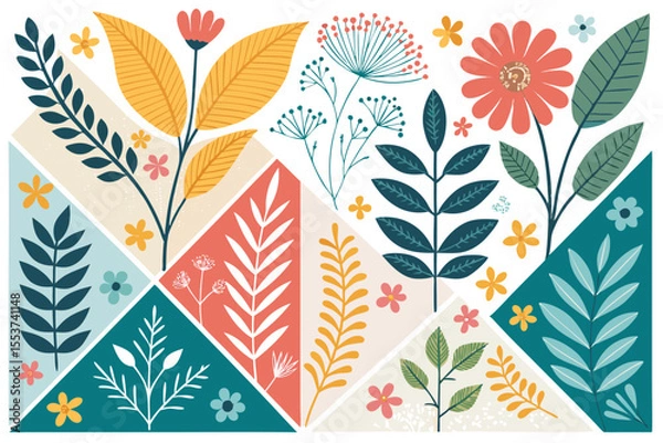 Fototapeta 
Abstract botanical collage with colorful hand-drawn flowers and leaves seamless vector floral pattern in modern minimalist style, Vector modern graphic illustration of colorful flowers and leaves

