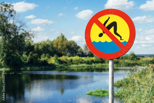 Fototapeta No jumping into water sign. Warning symbol near lake. Shallow water danger. Risk of injury from diving. Red and yellow circle sign. Nature background with river and trees. Safety alert outdoors.