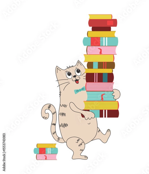 Obraz Cartoon cat with a big stack of books. Knowledge day, study, school. World book day, copyright. Reading, literacy concepts.