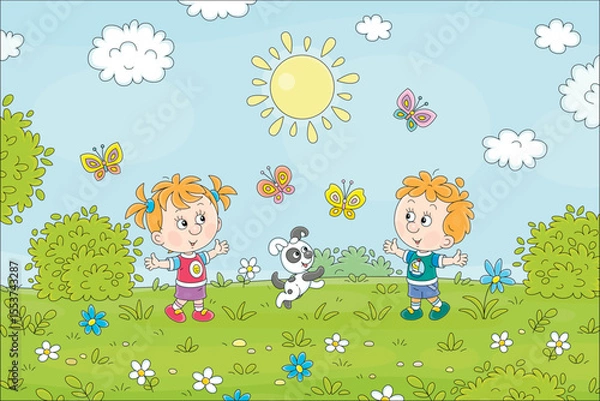 Obraz Happy little kids and their cheerful puppy playing with colorful butterflies flying around a flower green field on a sunny summer day, vector cartoon illustration