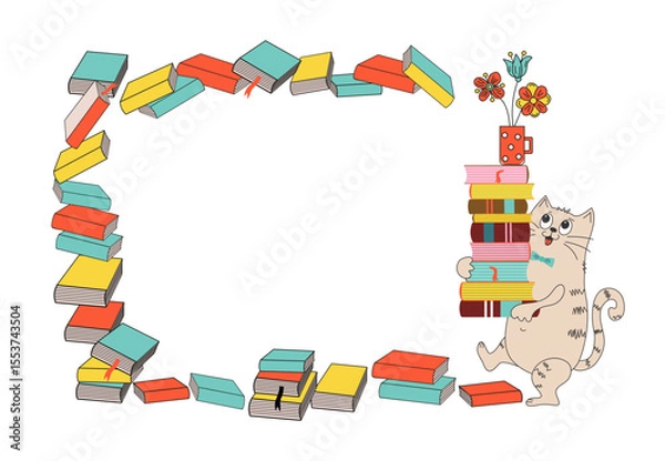 Obraz Cartoon cat with books. A stack of books, a mug with a bouquet of flowers. Banner, frame with space for text. Love of reading, literature and learning. Work in the library. Knowledge Day.