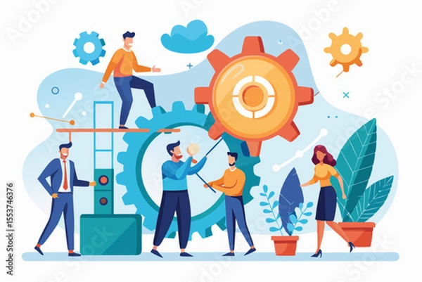 Fototapeta Business leader engages team to insert gear into large cog during innovative brainstorming session in a modern office setting