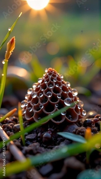 Fototapeta A macro photograph capturing an intricate anthill at dawn, dew drops shimmering on the surface, showcasing nature's tiny architecture.