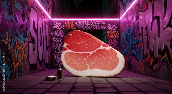 Fototapeta Surreal Still Life Prosciutto Slice In A Graffiti Decorated Urban Setting