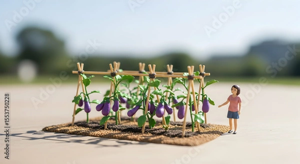 Fototapeta Miniature Eggplant Garden With A Tiny Gardener In A Serene Outdoor Setting