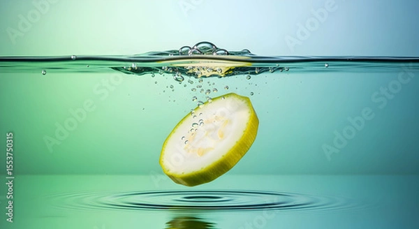 Fototapeta Fresh Zucchini Slice Plunging into Clean Water with Bubbles and Ripples