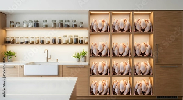 Fototapeta A Modern Kitchen Scene Featuring Raw Poultry Arranged in Compartments