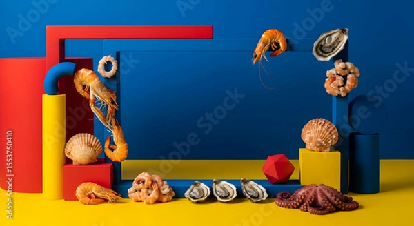 Fototapeta Abstract Seafood Display With Vivid Colors And Playful Geometric Shapes Elements
