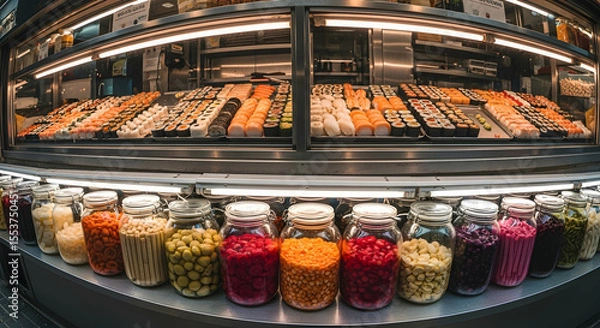 Fototapeta Diverse Culinary Delights Featuring Fresh Sushi and Colorful Pickled Jars Display