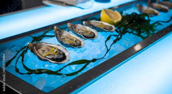 Fototapeta Fresh Oysters Displayed on Ice with Lemon and Seaweed on Blue Background