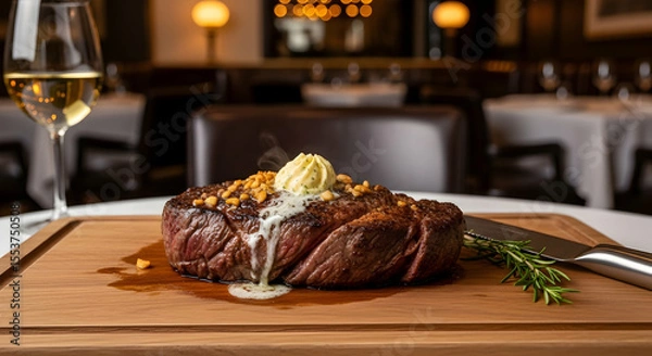 Fototapeta Exquisite Grilled Steak Topped With Butter And Garnished With Rosemary At Fine Dining