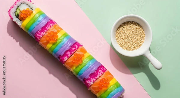 Fototapeta Creative Rainbow Sushi Roll With Fish Roe And Sesame Seeds In The Bowl