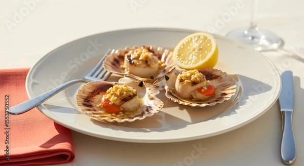 Fototapeta Elegant Dining Featuring Pan Seared Scallops Served with Lemon Wedge
