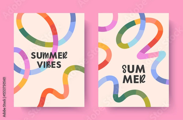 Fototapeta Summer vector illustrations with bright rainbow lines.Abstract backgrounds with multicolored dynamic shapes.Summer artistic banners in simple style.Templates for prints;banners;covers;branding;fashion