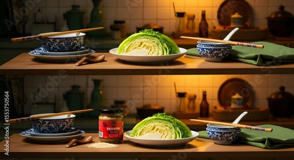 Fototapeta Halved Cabbage With Sesame Paste Set Up For Food Photography Studio