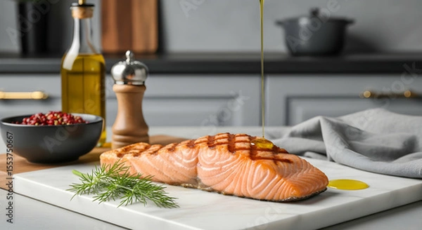 Fototapeta Grilled Salmon Steak Being Drizzled With Olive Oil On A Marble Board