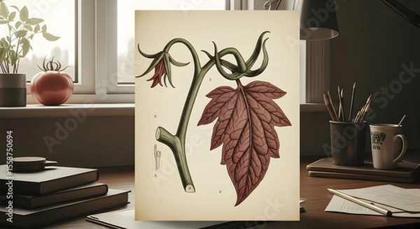 Fototapeta Vintage Botanical Illustration On Desk Creates Artistic Environment