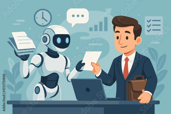 Fototapeta Futuristic artificial intelligence robot assistant helping businessman with office tasks, paperwork, data analysis, productivity, collaboration, technology in modern workplace, vector illustration