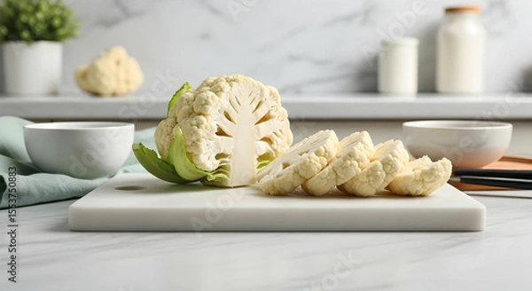 Fototapeta Fresh Cauliflower Head Sliced on a Marble Countertop in a Bright Kitchen