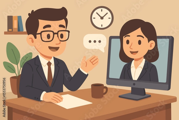 Fototapeta Cartoon business interview online. HR manager and candidate video call. Remote job interview, virtual meeting, recruitment process, human resources, office workspace, communication, teamwork concept