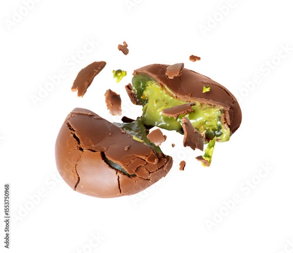Fototapeta Broken chocolate candy with green creamy filling isolated on white background. Dubai chocolate is made with pistachio paste and kadayif
