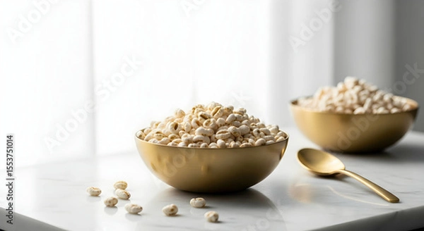 Fototapeta Puffed Grains In Golden Bowls Presented Against a Bright Backdrop