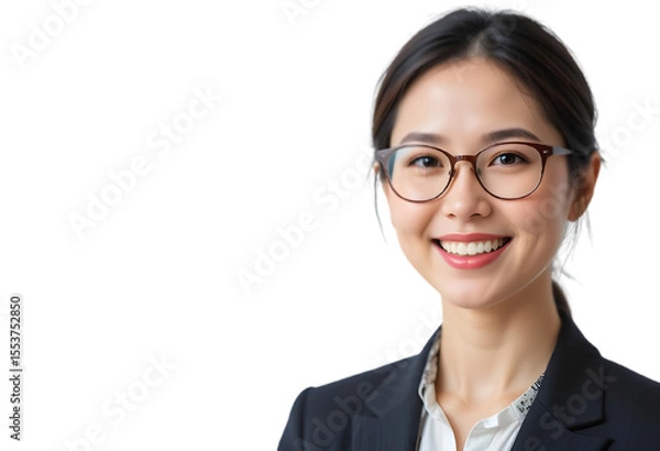 Fototapeta Portrait of a beautiful, smiling businesswoman in a suit, wearing glasses, isolated on transparent background